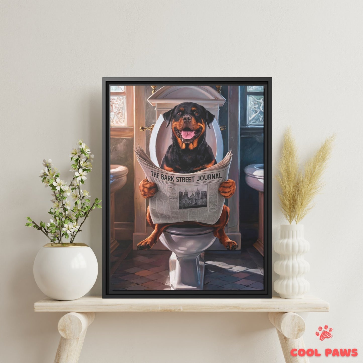 Rottweiler Reading the Newspaper on the Toilet