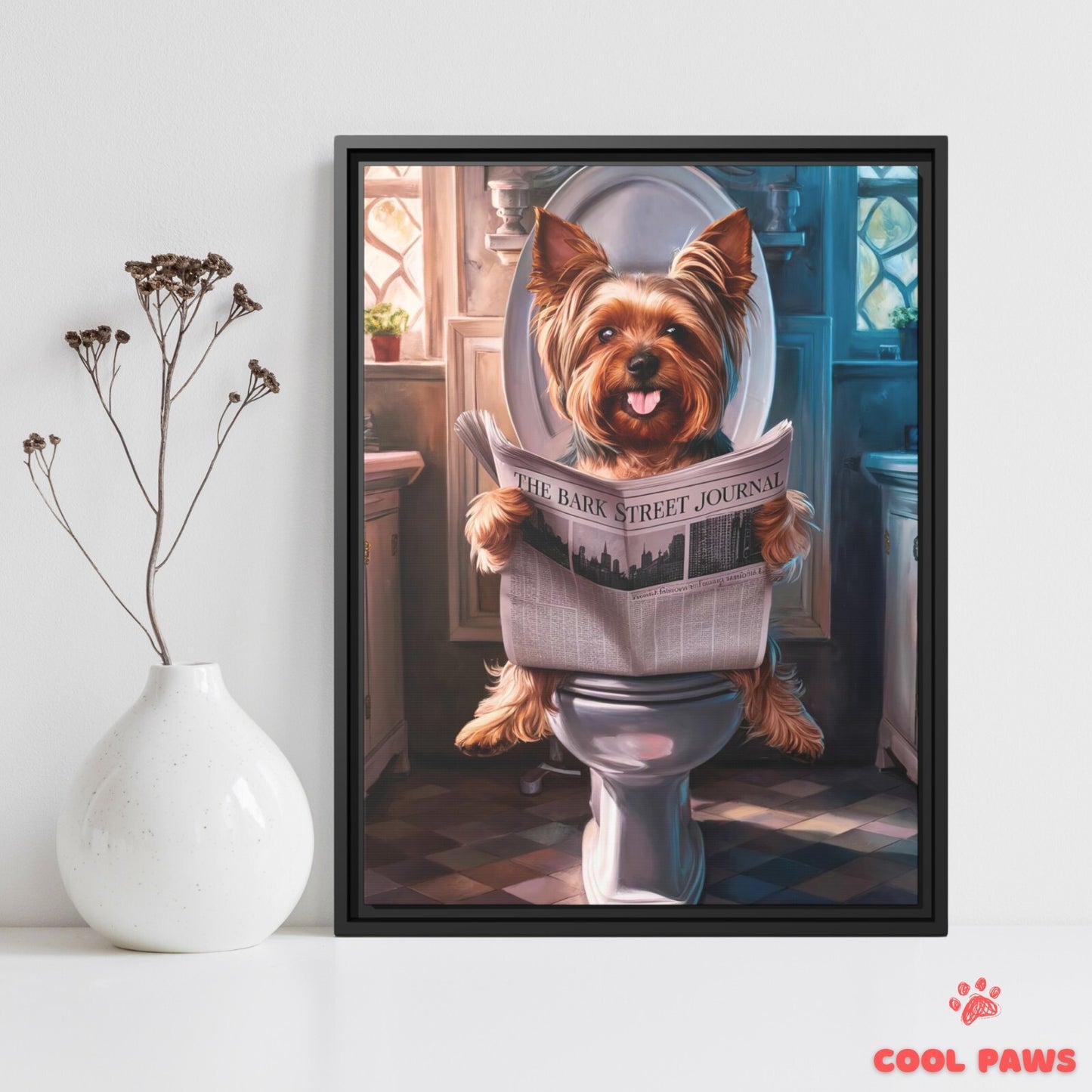 Yorkie Reading the Newspaper on the Toilet