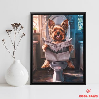 Yorkie Reading the Newspaper on the Toilet