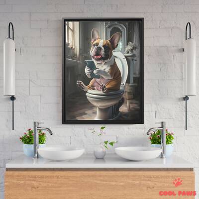 French Bulldog on the Toilet with a Smartphone