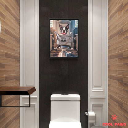 Boston Terrier Reading the Newspaper on the Toilet