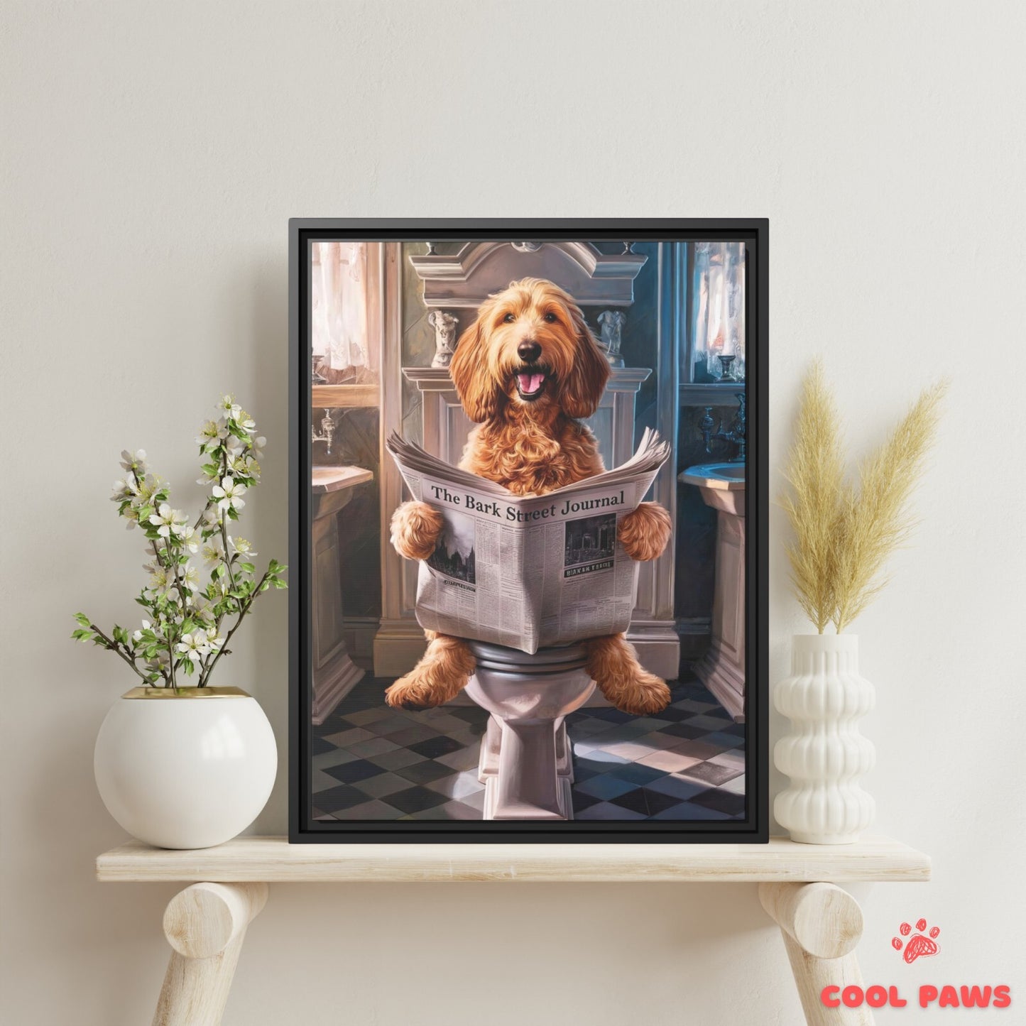 Goldendoodle Reading the Newspaper on the Toilet