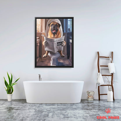 Mastiff Reading the Newspaper on the Toilet