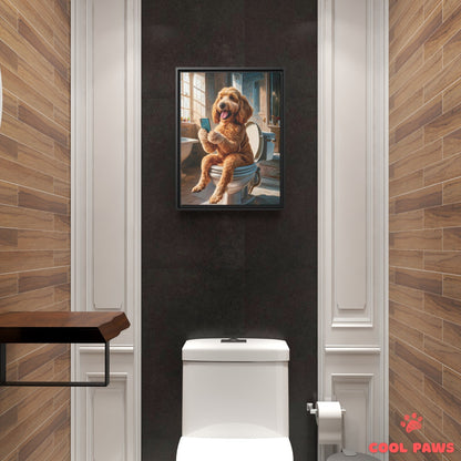 Goldendoodle on the Toilet with a Smartphone