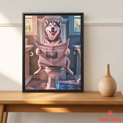 Husky Reading the Newspaper on the Toilet