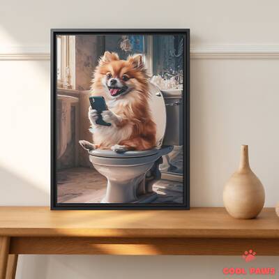 Pomeranian on the Toilet with a Smartphone