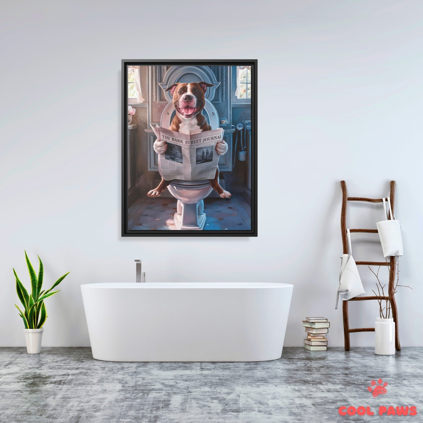 Pit Bull Reading the Newspaper on the Toilet