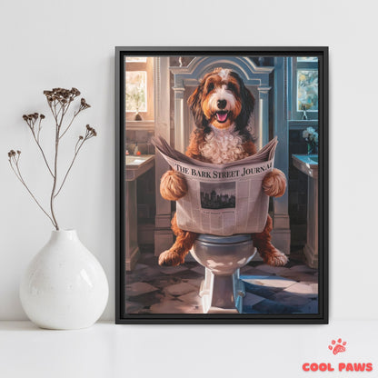 Bernedoodle Reading the Newspaper on the Toilet
