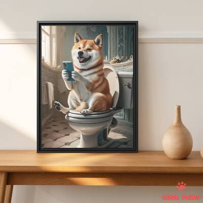 Shiba Inu on the Toilet with a Smartphone