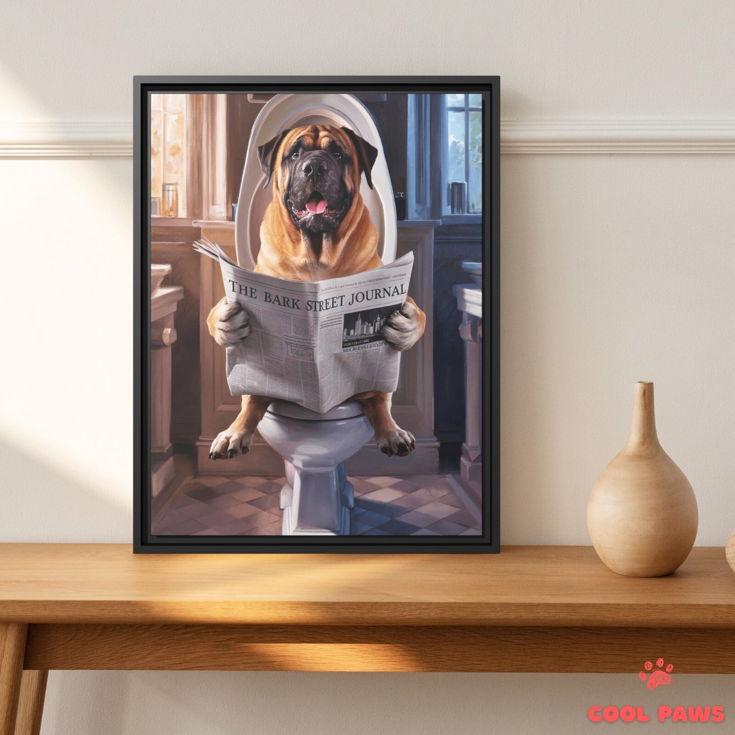 Mastiff Reading the Newspaper on the Toilet