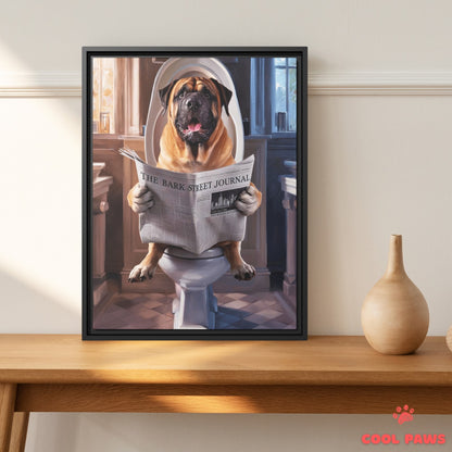 Mastiff Reading the Newspaper on the Toilet
