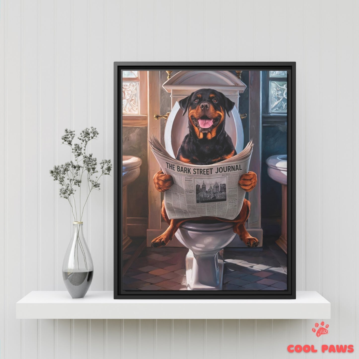 Rottweiler Reading the Newspaper on the Toilet