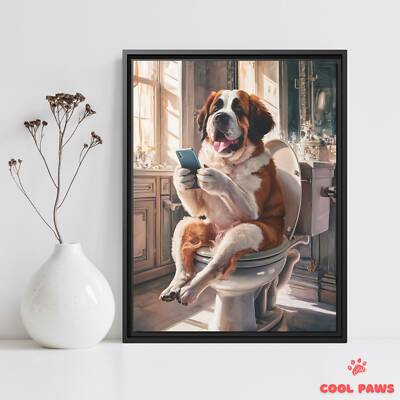 Saint Bernard on the Toilet with a Smartphone