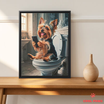 Yorkie on the Toilet with a Smartphone