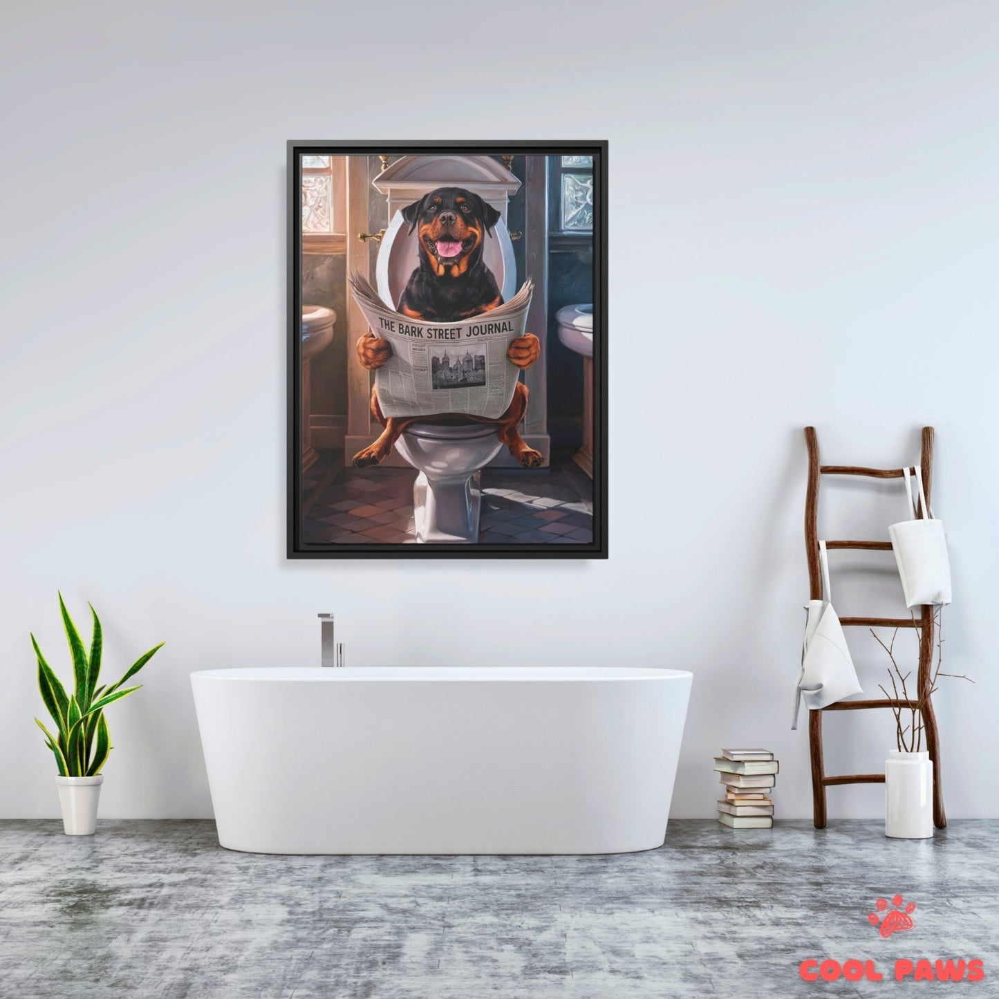 Rottweiler Reading the Newspaper on the Toilet