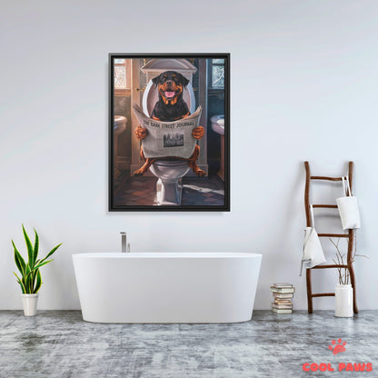 Rottweiler Reading the Newspaper on the Toilet