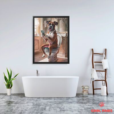 Boxer Dog on the Toilet with a Smartphone