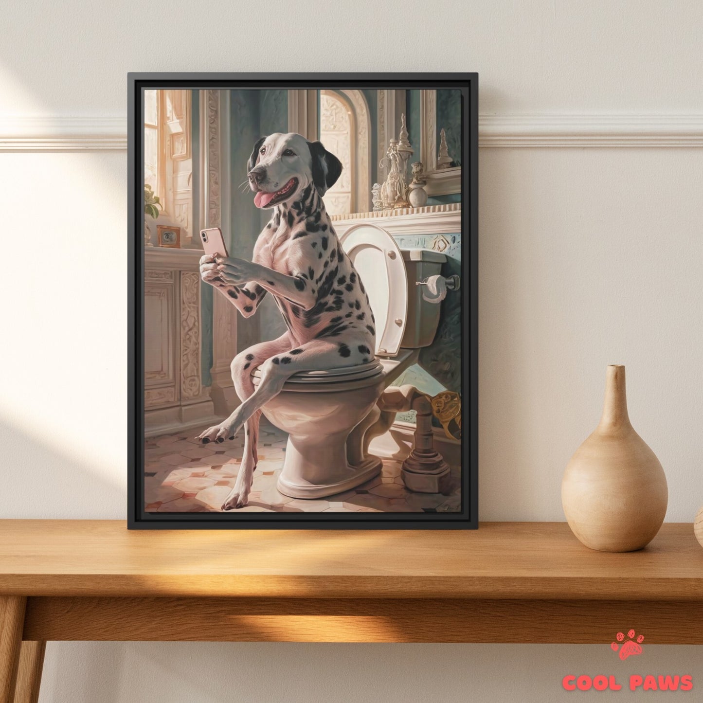 Dalmatian on the Toilet with a Smartphone