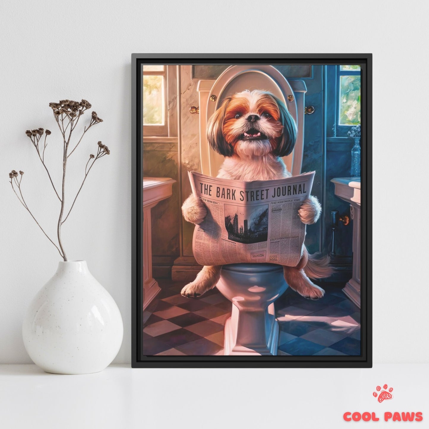 Shih Tzu Reading the Newspaper on the Toilet