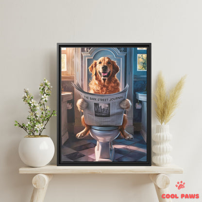 Golden Retriever Reading the Newspaper on the Toilet