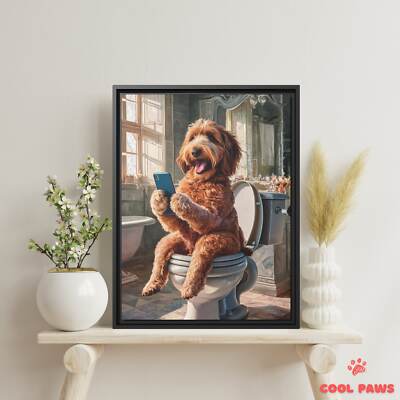 Goldendoodle (Dark) on the Toilet with a Smartphone
