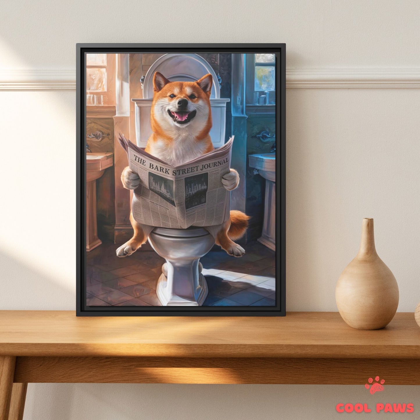 Shiba Inu Reading the Newspaper on the Toilet