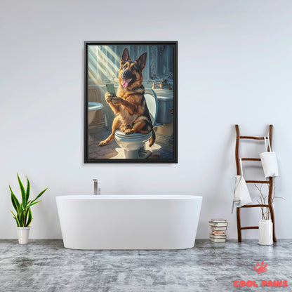 German Shepherd on the Toilet with a Smartphone