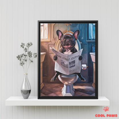 French Bulldog Reading the Newspaper on the Toilet