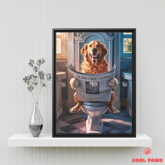 Golden Retriever Reading the Newspaper on the Toilet