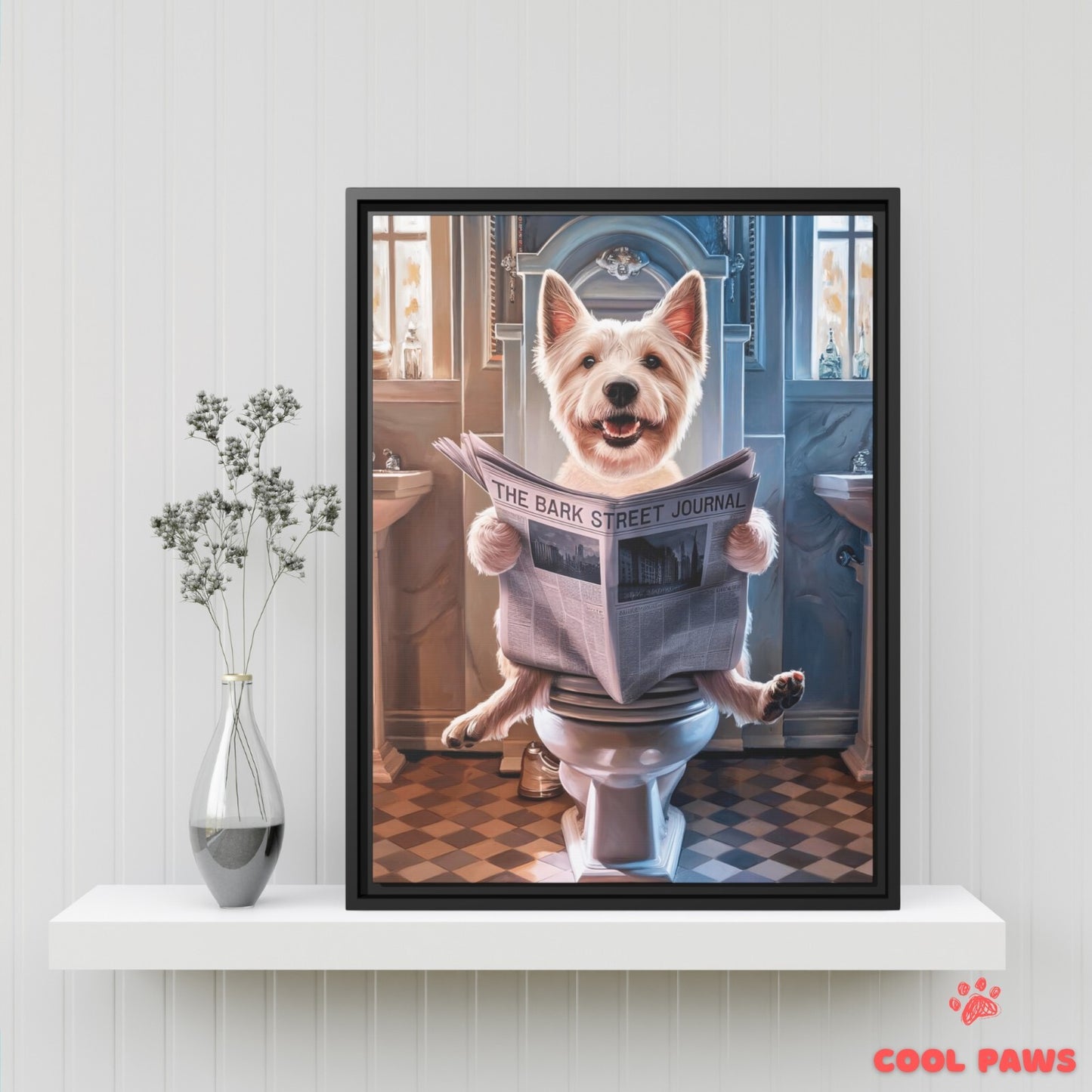 Westie Reading the Newspaper on the Toilet