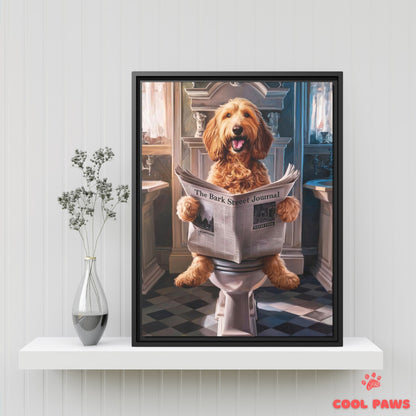 Goldendoodle Reading the Newspaper on the Toilet