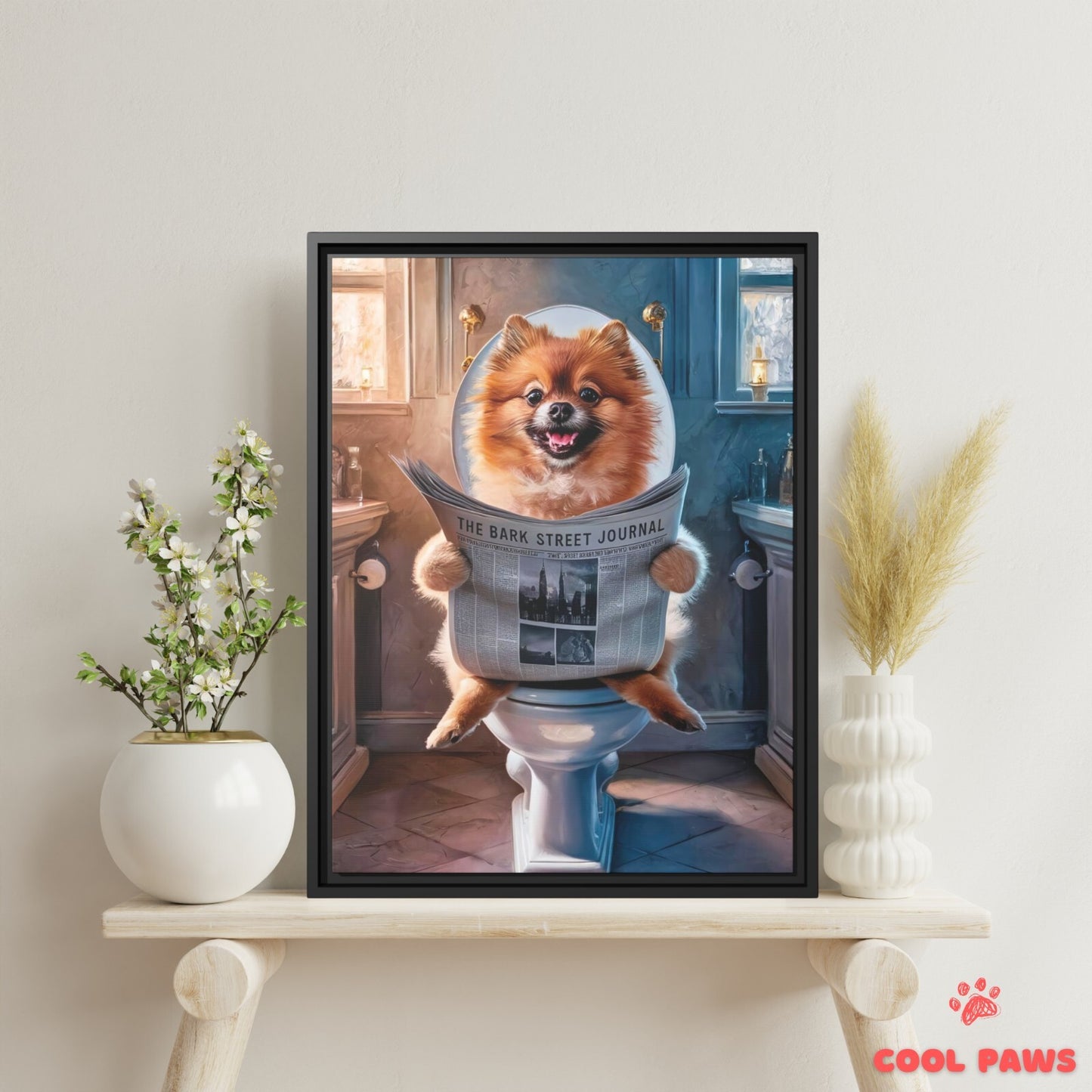 Pomeranian Reading the Newspaper on the Toilet