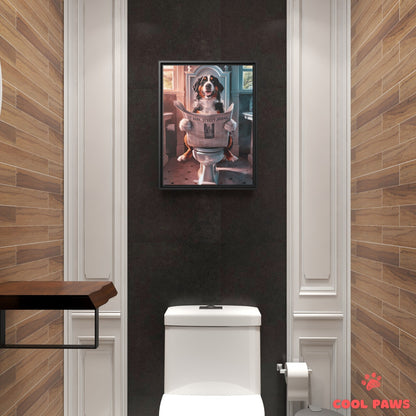 Bernese Mountain Dog Reading the Newspaper on the Toilet