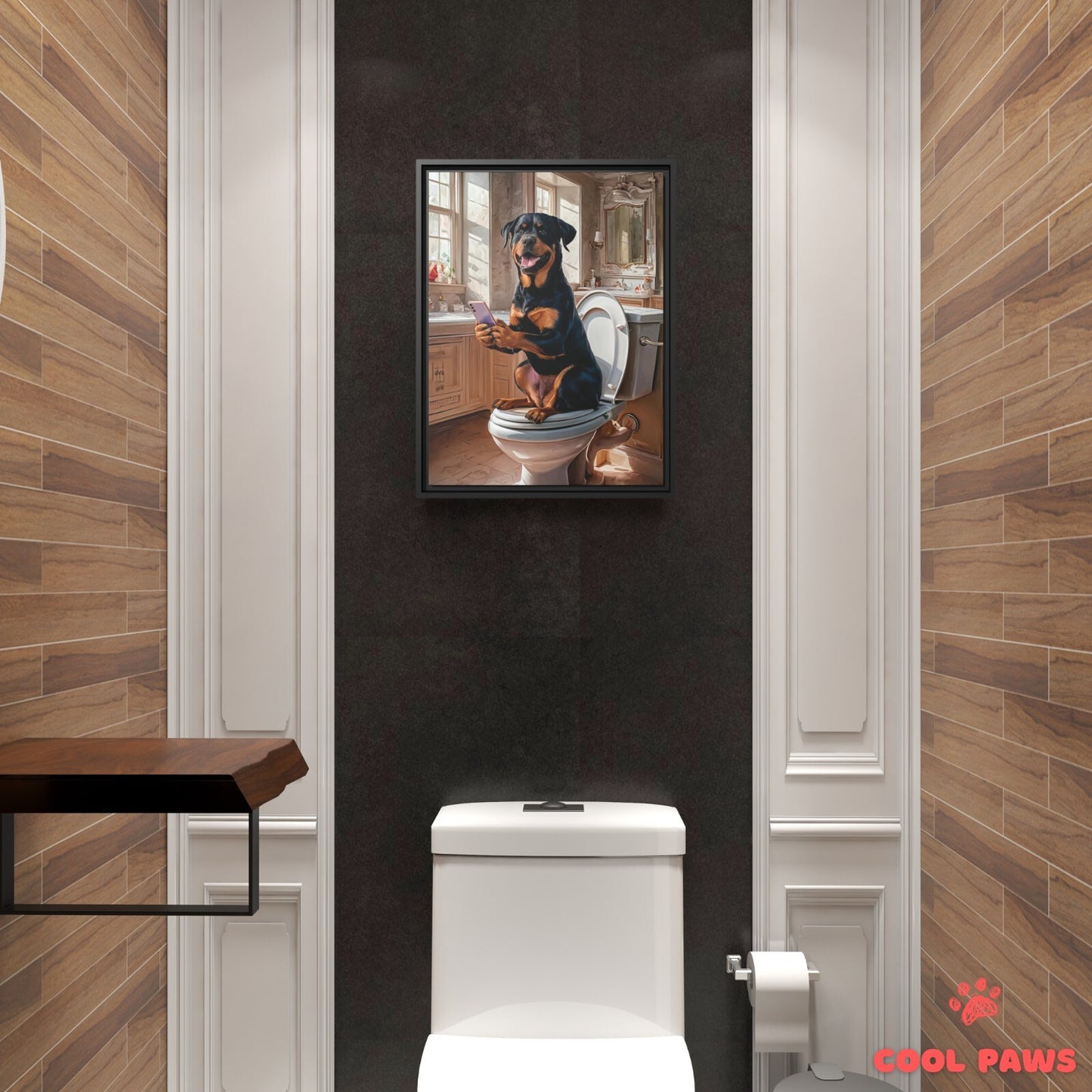 Rottweiler on the Toilet with a Smartphone