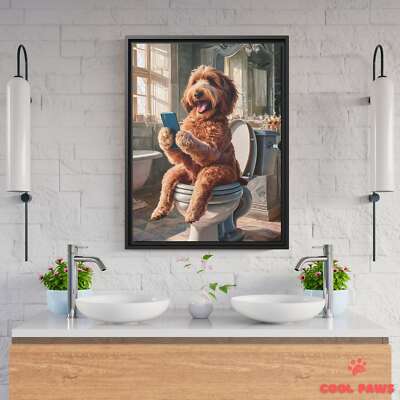 Goldendoodle (Dark) on the Toilet with a Smartphone