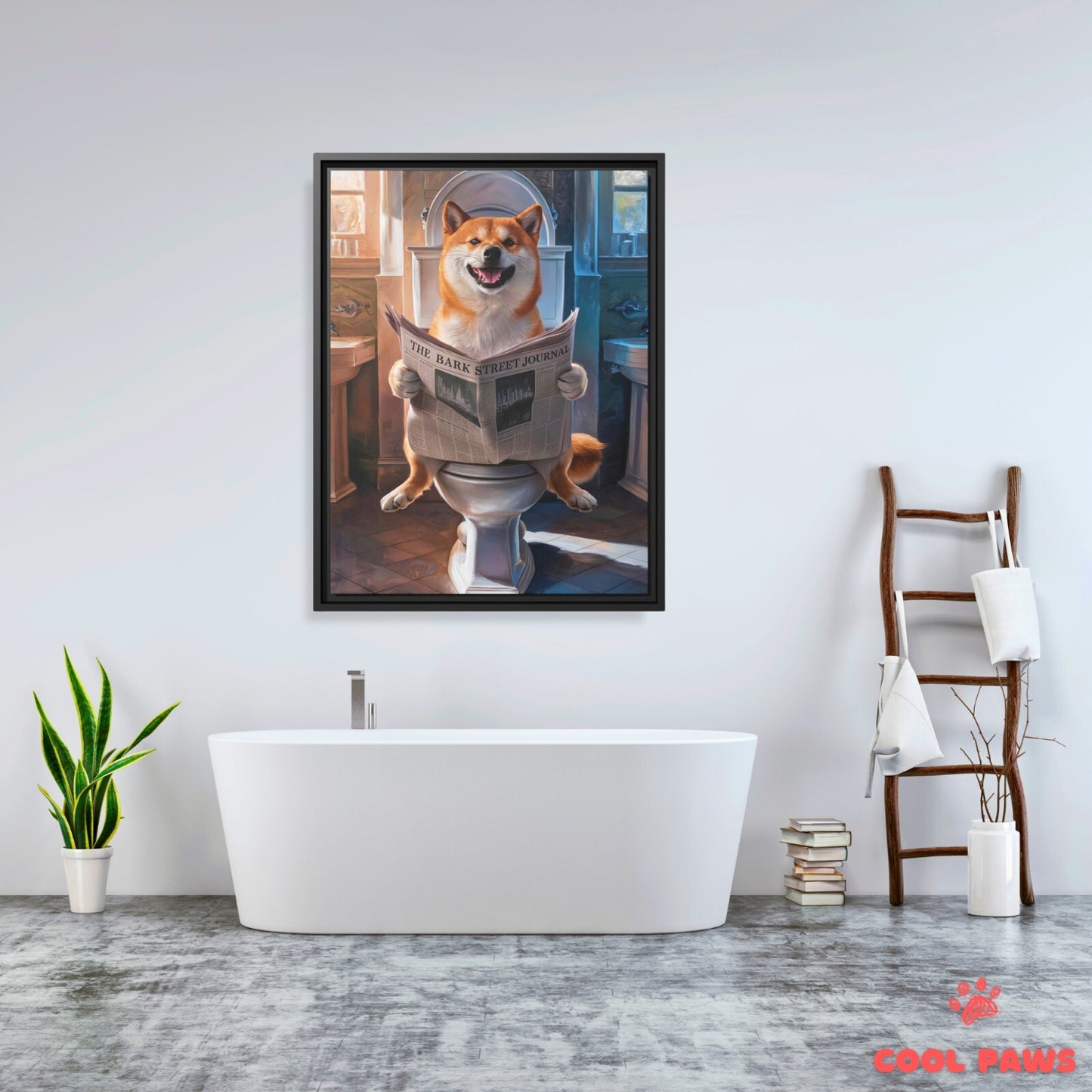 Shiba Inu Reading the Newspaper on the Toilet