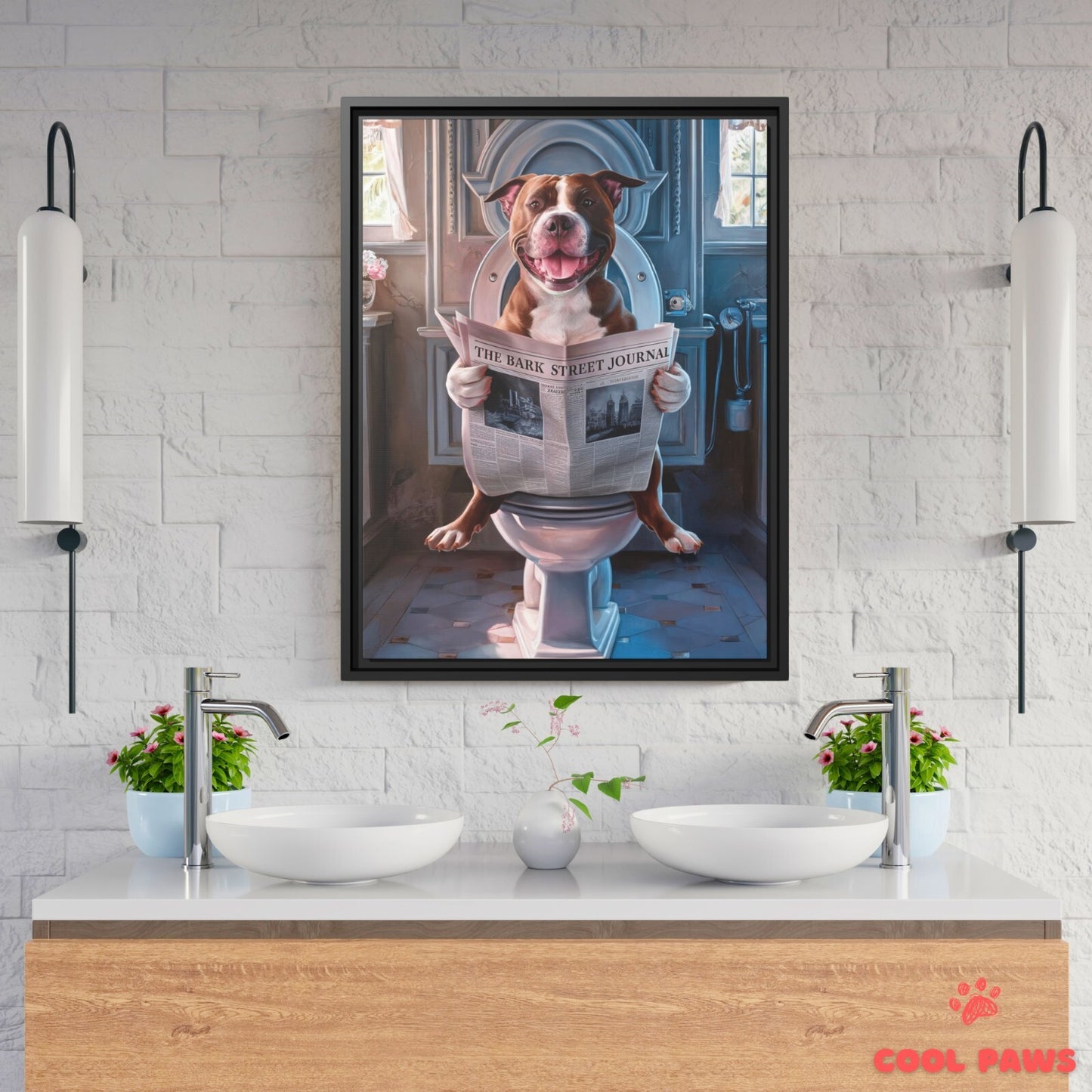 Pit Bull Reading the Newspaper on the Toilet