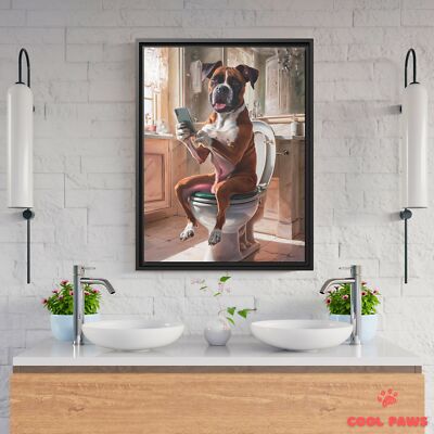 Boxer Dog on the Toilet with a Smartphone