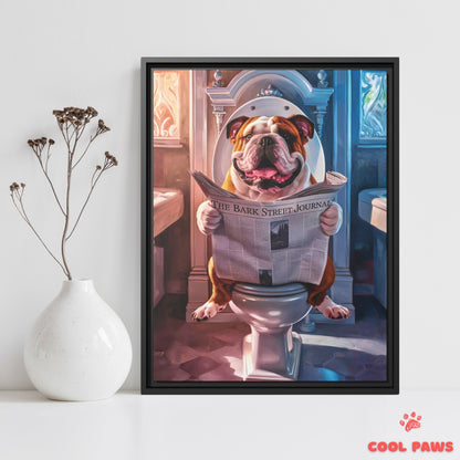 English Bulldog Reading the Newspaper on the Toilet