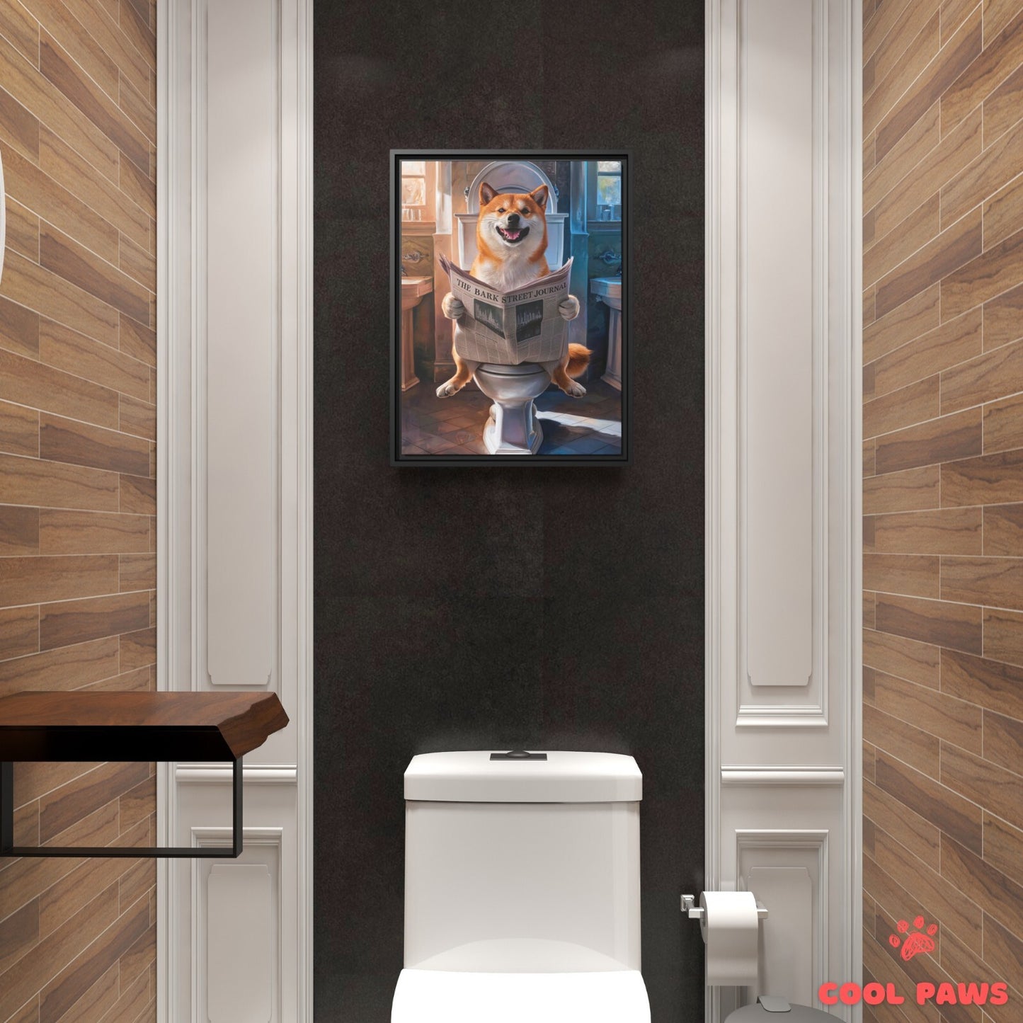 Shiba Inu Reading the Newspaper on the Toilet