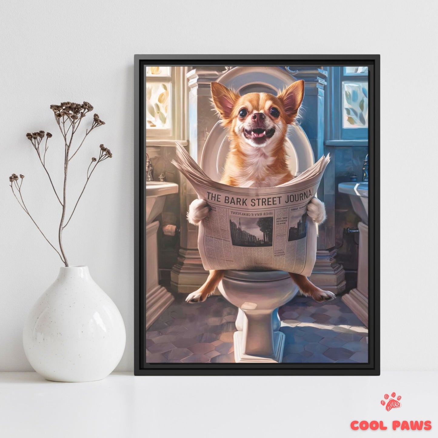 Chihuahua Reading the Newspaper on the Toilet