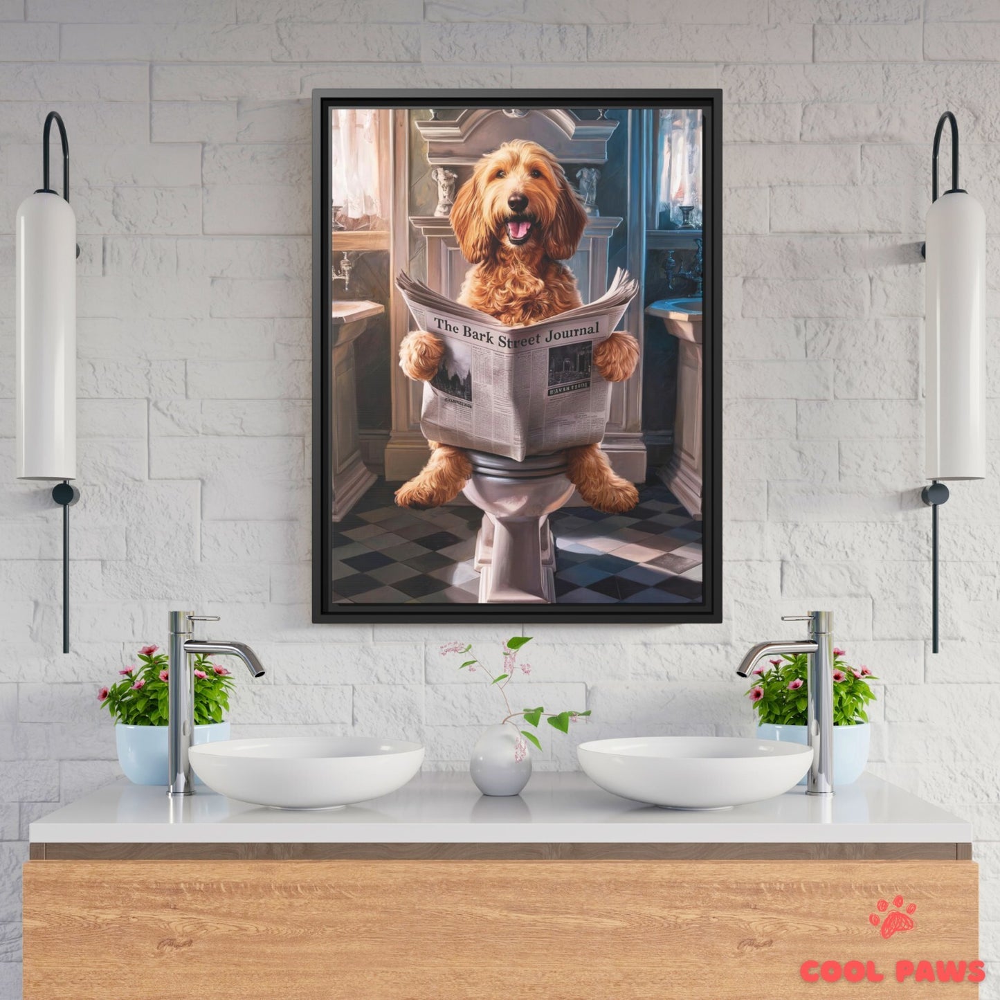 Goldendoodle Reading the Newspaper on the Toilet