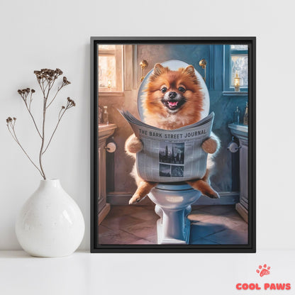Pomeranian Reading the Newspaper on the Toilet