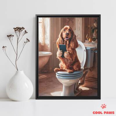 Cocker Spaniel on the Toilet with a Smartphone