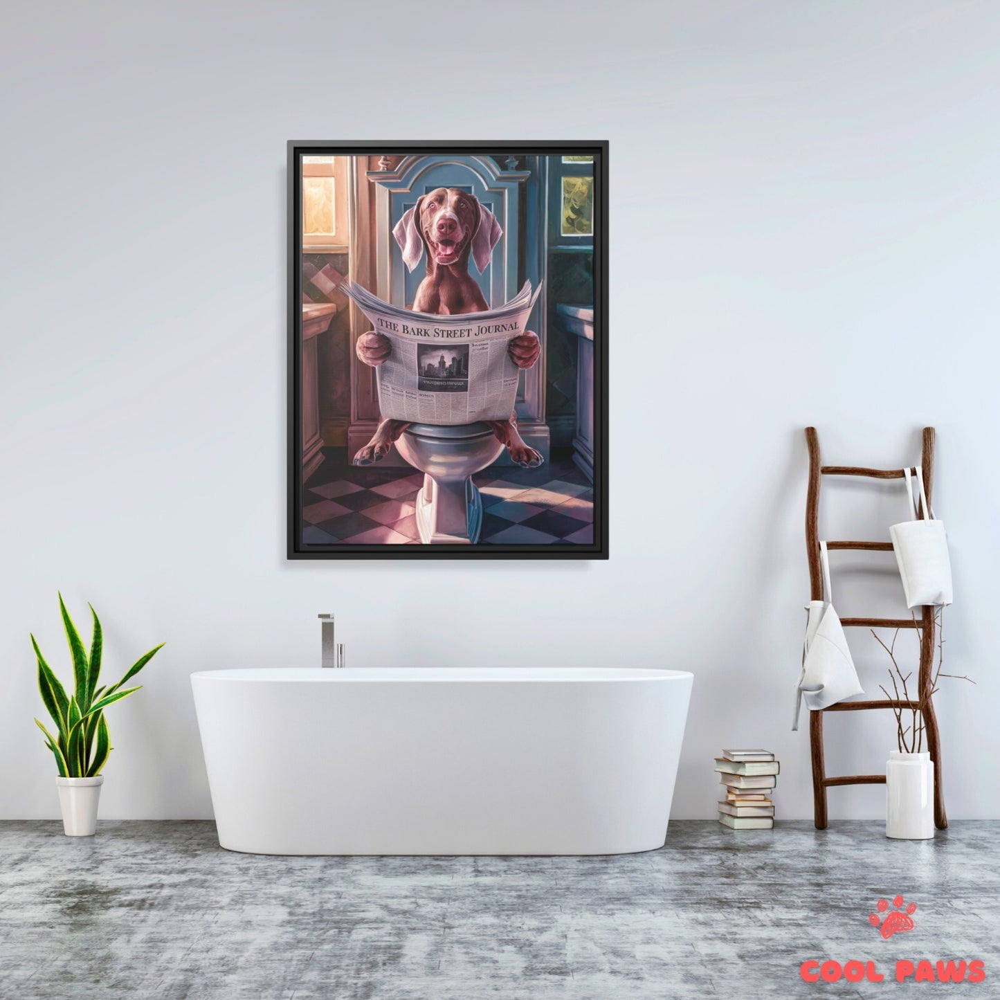 Weimaraner Reading the Newspaper on the Toilet