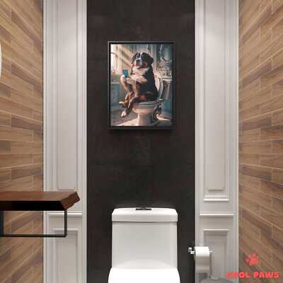 Bernese Mountain Dog on the Toilet with a Smartphone