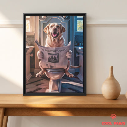 Labrador Retriever Reading the Newspaper on the Toilet