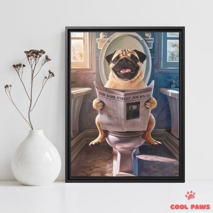 Pug Reading the Newspaper on the Toilet