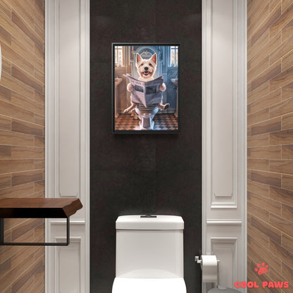 Westie Reading the Newspaper on the Toilet