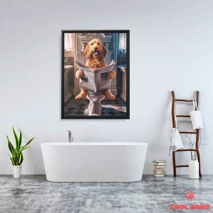 Goldendoodle Reading the Newspaper on the Toilet